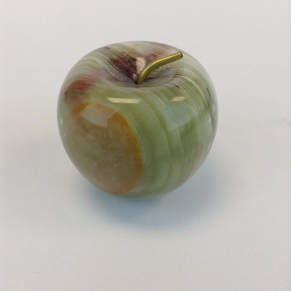 Vintage Hand Carved Polished Onyx Stone Marble Apple Paperweight Brass Stem - Picture 5 of 10